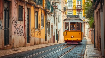 The famous vintage yellow tram 28 navigates through the narrow streets of Alfama district in Lisbon, Portugal. It symbolizes Lisbon's charm and is a popular travel destination and tourist attraction