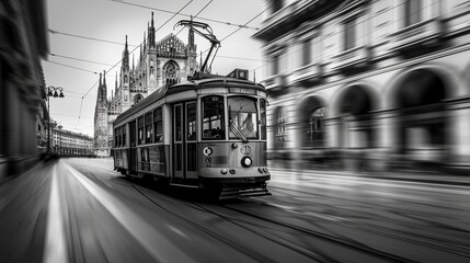 In the city center of Milan, Italy, a historic tram or streetcar, a single old-timer car for public transport, passes by the cathedral and opera in midtown