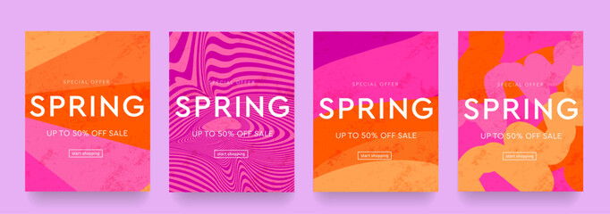 Gradient Spring Design with Abstract Geometric Memphis Element. Pattern Wave Liquid Optic Strips. Background for Advertising, Web, Poster, Social Media, Banner, Cover. 3d Sale Offer 50%. 