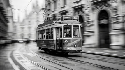 Fototapeta premium In the city center of Milan, Italy, a historic tram or streetcar, a single old-timer car for public transport, passes by the cathedral and opera in midtown