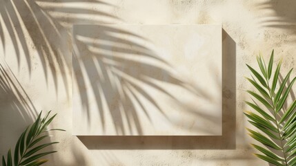 Mock up with rectangle stone frame and natural soft shadow from palm leaves for product...