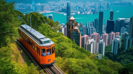 Transportation in Hong Kong includes the iconic tram and cable car systems. Popular tourist attractions such as The Peak Tram and Ngong Ping 360 Cable Car offer scenic tours - obrazy, fototapety, plakaty