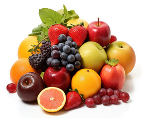 A vibrant and colorful assortment of fresh fruits including strawberries, oranges, apples, raspberries, and blueberries, isolated on a clean white background.