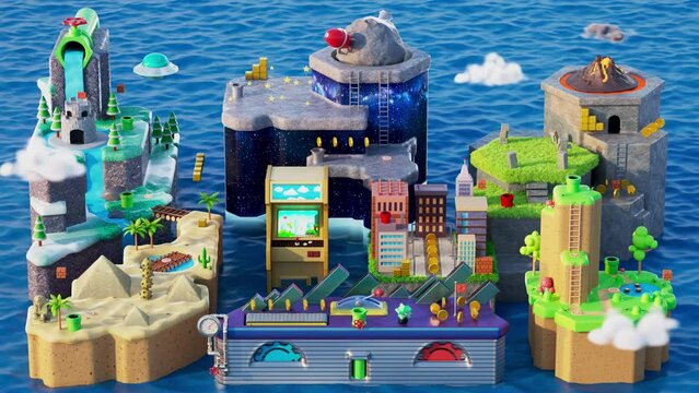 Retro game platform video game level selection 3D loop animation