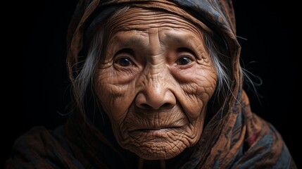 Portrait of an old Asian woman on a dark background. Neural network AI generated art - obrazy, fototapety, plakaty