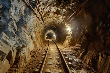Naklejka premium A dimly lit gold mine tunnel in a setting that echoes the historical quest for riches. Mine tunnel in mysterious environment at the entrances to the land.
