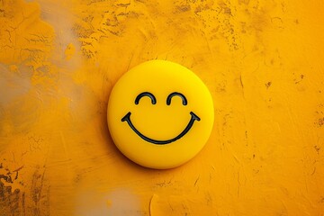 Golden smiley ball button, round yellow smile symbol, grin, smirk, and laughter, radiating good humor. Joyful happy positive vibes icon on black. Warmth childlike feelings, customer service excellence