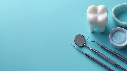 Dentist's tools with a white tooth on a blue background, with Copy Space.  Design for advertising a dental clinic.