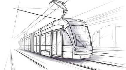 A vector contour image representing modern electric tram, symbolizing the development of green energy in urban transport, depicted in a single line - obrazy, fototapety, plakaty