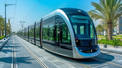 The new modern tram in Dubai, United Arab Emirates, represents the city's commitment to innovative public transportation - obrazy, fototapety, plakaty