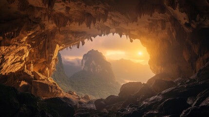 beautiful cave with a small lake in the background and a ray of sunlight entering with good lighting in high resolution and quality
