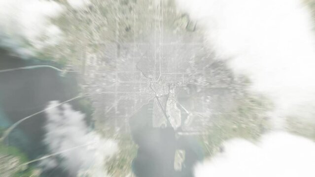 Earth zoom in from space to Tampa, USA. Followed by zoom out through clouds and atmosphere into space. Satellite view. Travel intro. Images from NASA