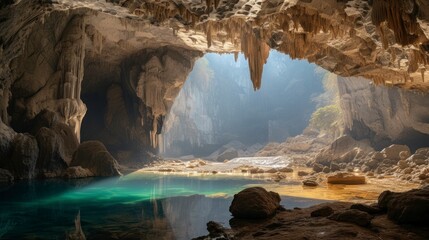 beautiful cave with a small lake in the background and a ray of sun