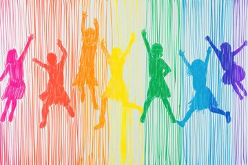 Silhouetted children dance joyously, their vibrant line art silhouettes casting a rainbow of colors on the backdrop, background with hands