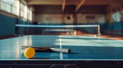 In a sports hall, there's a ping pong table set up with rackets and balls, ready for a game