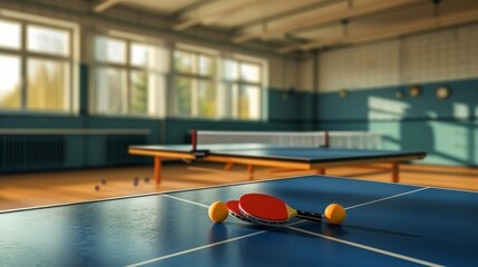 In a sports hall, there's a ping pong table set up with rackets and balls, ready for a game