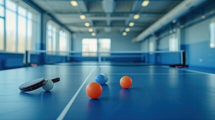 In a sports hall, there's a ping pong table set up with rackets and balls, ready for a game - obrazy, fototapety, plakaty