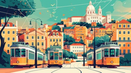 A vintage travel vector illustration showcasing Portugal's Lisbon, featuring abstract shapes of landmarks, streets, and trams, encapsulating the city's charm in a retro poster design