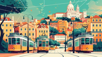 Poster A vintage travel vector illustration showcasing Portugal's Lisbon, featuring abstract shapes of landmarks, streets, and trams, encapsulating the city's charm in a retro poster design © Orxan