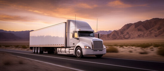 Obraz premium loaded american truck on a road at sunset - truck cargo transportation concept