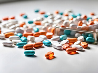 Multicolored medical pills, tablets and capsules, scattered on a table. A variety of medications,  Representing pharmaceutical industry business and healthcare. 