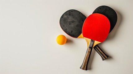 Red and black rackets for table tennis, accompanied by a yellow ball, are isolated on a white background with a clipping path. This ping pong sports equipment is presented in a minimal style