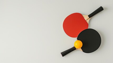 Red and black rackets for table tennis, accompanied by a yellow ball, are isolated on a white background with a clipping path. This ping pong sports equipment is presented in a minimal style