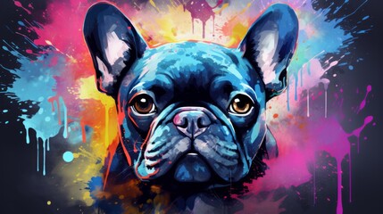 French bulldog on a background of a rainbow watercolor stain. Neural network AI generated art