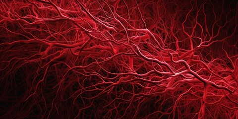 Blood flow pathways, with winding, intricate lines in shades of red, representing the circulation of blood through veins and arteries