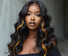 A beautiful black woman with golden hair extensions. Afro American girl. Beauty skin female face. Hair Salon, Wavy, Curly Hair. Salon Photography.