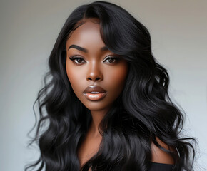 A beautiful black woman with hair extensions. Afro American girl. Beauty skin female face. Hair Salon, Wavy, Curly Hair. Salon Photography.