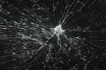 Broken glass in the shape of a hole on a black background.