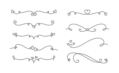 set of outline border with valentine heart, ornament divider for business, scrapbook, card, frames template 