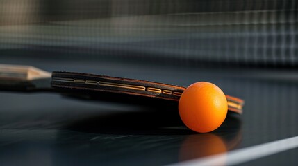 An orange table tennis ball rests on a black table tennis racket, placed on a black table