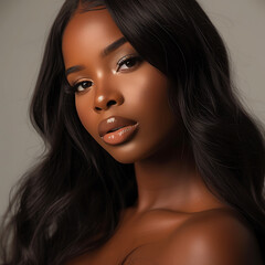 A beautiful black woman with hair extensions. Afro American girl. Beauty skin female face. Hair Salon, Wavy Hair. Salon Photography.
