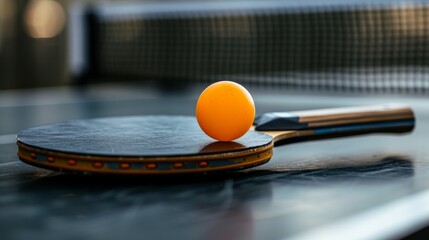 An orange table tennis ball rests on a black table tennis racket, placed on a black table