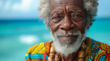 Elderly black man with white hair and beard at a tropical beach. Serene and peaceful. Carefree life, travel, relaxation and retirement.