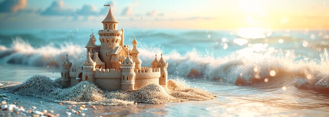 As the fiery sunrise paints the sky, a majestic sand castle stands tall on the edge of the ocean, surrounded by the calm waves and a lone watercraft, creating a serene and dreamy outdoor landscape