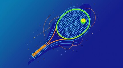 Continuous line drawing vector of a tennis racket icon, featuring a tennis racket with a ball. Linear ping-pong