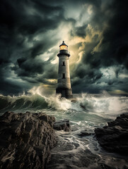 Fototapeta na wymiar AI-Generated Majestic Lighthouse in Stormy Seascape