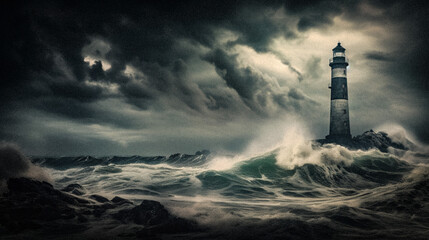 Fototapeta na wymiar AI-Generated Majestic Lighthouse in Stormy Seascape