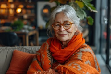 A joyful senior woman sits indoors, adorned in vibrant orange shawl and glasses, radiating warmth and contentment with her genuine smile and bold fashion choice - obrazy, fototapety, plakaty