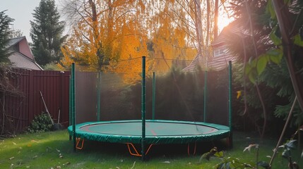 A trampoline with a safety net set up in the garden, providing a safe and enjoyable space for outdoor jumping and fun