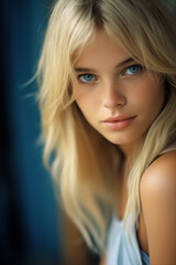 Naklejka premium AI-Generated Portrait of a Stunning Blonde Woman with Blue Eyes