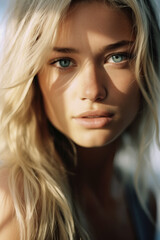 Naklejka premium AI-Generated Portrait of a Stunning Blonde Woman with Blue Eyes