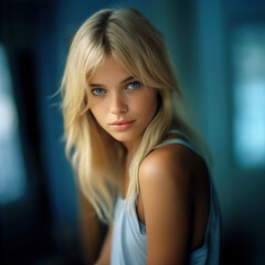 Naklejka premium AI-Generated Portrait of a Stunning Blonde Woman with Blue Eyes
