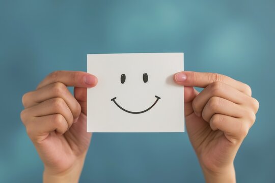 Happy customer sticky note cards smiling emojis positive feedback. Stickers paper note satisfaction. Smiley face icon positive psychology and mindset in customer reviews. Post it notepad communication
