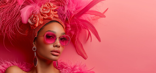 Obraz premium Fashionable model in boho chic style with sunglasses on a pink background