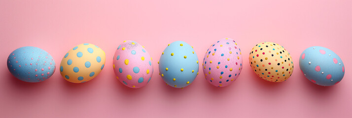 Happy easter! Colorful painted Easter eggs with polka dots on a soft pink background, ideal for festive springtime themes