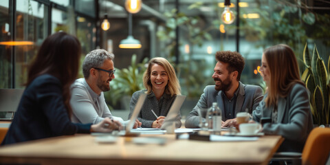 Smiling professionals engaged in a lively meeting at a trendy office cafe with modern decor. Business meeting, discussion at the table - obrazy, fototapety, plakaty